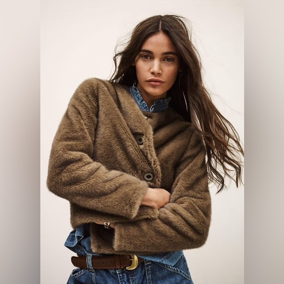 ba&sh Brown Plush Cropped faux fur Jacket - Picture 2 of 6